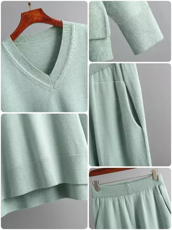 Seksowny dres Peice komplet ciepłe spodnie do biegania 2 swetry zimowe damskie sweter z dekoltem w szpic jesienne proste stroje do spania z dzianiny