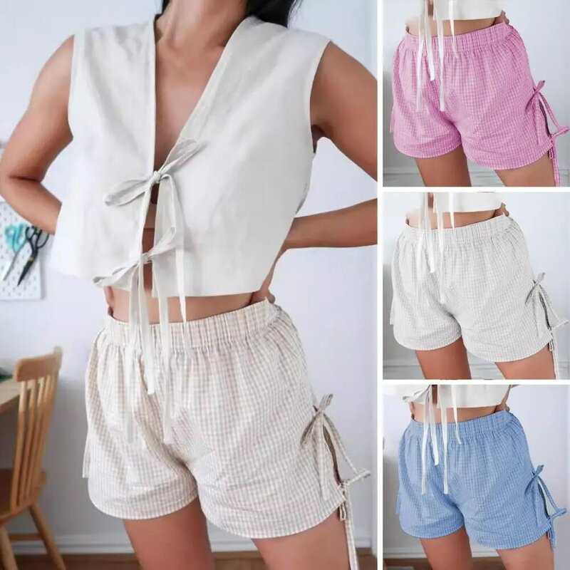 Women Loose Shorts Casual Solid Color Shorts for Women Plaid Print Women's Summer Shorts with High Elastic Waist Lace-up Bow