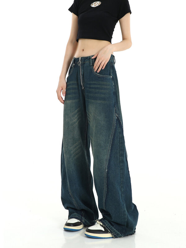 กางเกงยีนส์เอวสูงขากว้างผู้หญิงวินเทจ Y2k สตรีทแวร์กางเกงยีนส์ทรงหลวมกางเกงยีนส์เกาหลี