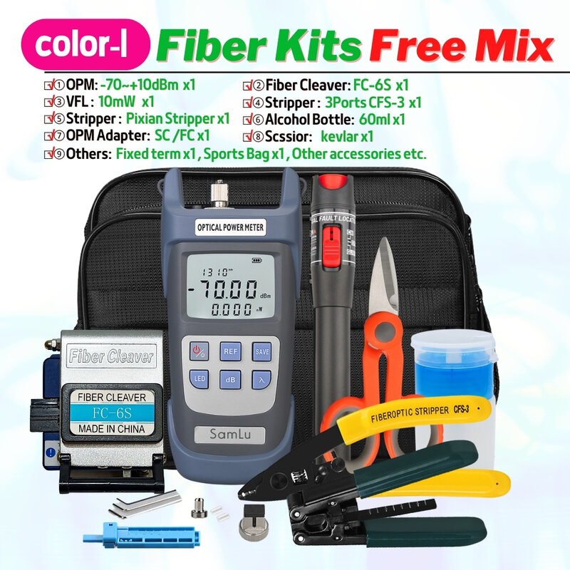 Vendita calda in fibra ottica FTTH Tool Kit Free Mix -70 ~ 6dBm OPM MTP-11 Komshine Cleaver FC-6S AUA-6S SKL-6C VFL 10MW fai da te Multi opzioni