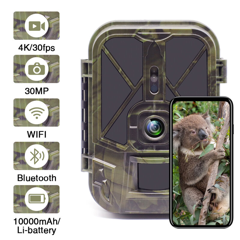 Охотничья камера 4K с литиевым аккумулятором 10000 мА · ч, 30 мп, Wi-Fi, Bluetooth, ночное видение