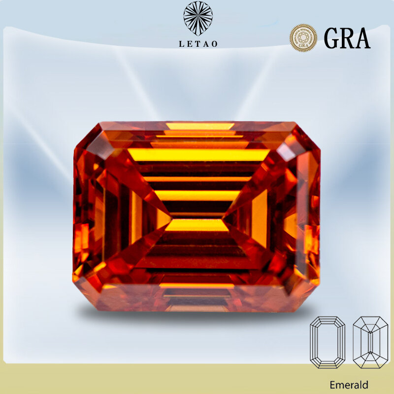 Moissanite Stone Orange Color Emerald Cut Lab Grown Diamond Charms Ring Necklace Earrings Main Materials with GRA Certificate