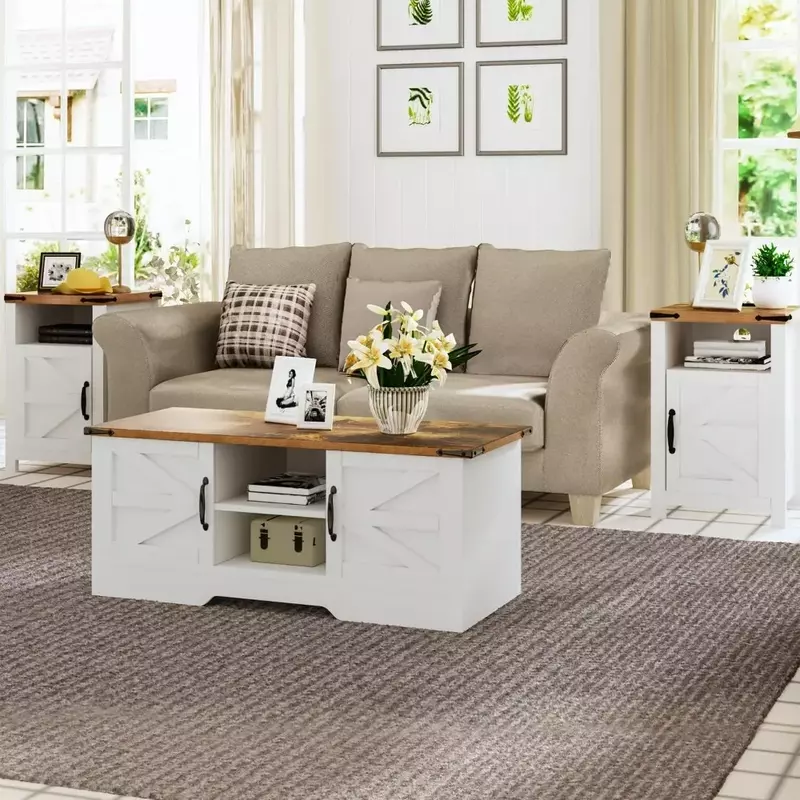 Coffee Table 3-Piece Set, Including 2 End Tables and  Large-Capacity Coffee Table, Living Room and Bedroom Retro Dining Table
