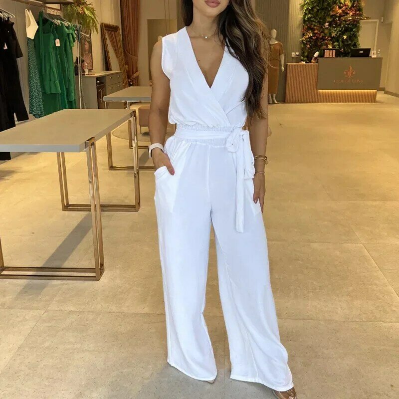 Women's Spring New Solid V-Neck Sleeveless Lace Up High Waist Loose Wide Leg Women's Jumpsuit Pants