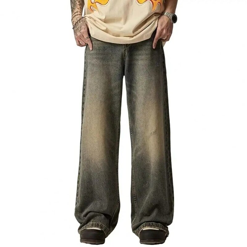 Men Denim Trousers Retro Hop Men's Jeans with Gradient Contrast Color Wide Leg Design Button Zipper Closure Stylish Denim
