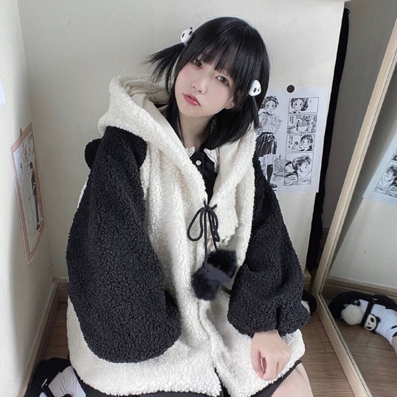 Women Winter Faux Fleece Hoodies Jacket Harajuku Kawaii Cartoon Panda Ears Long Sleeve Sweatshirt Oversized Button Down Plush