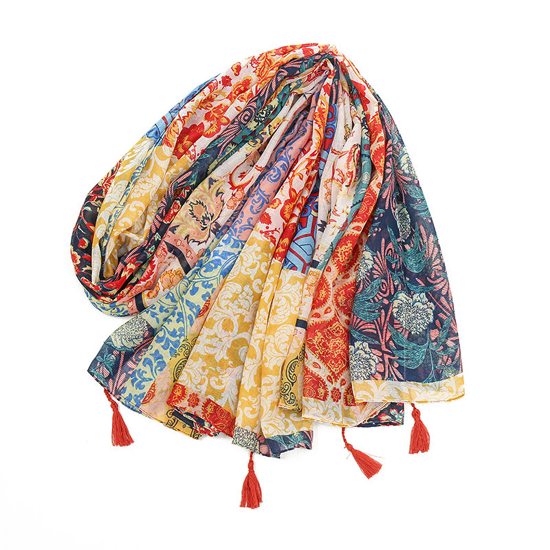 Soft Viscose Cotton Tassel Large Shawl Floral Printed Hijab For Woman Muslim Elegant Scarf Decorate Lady Headband Wraps185*100cm
