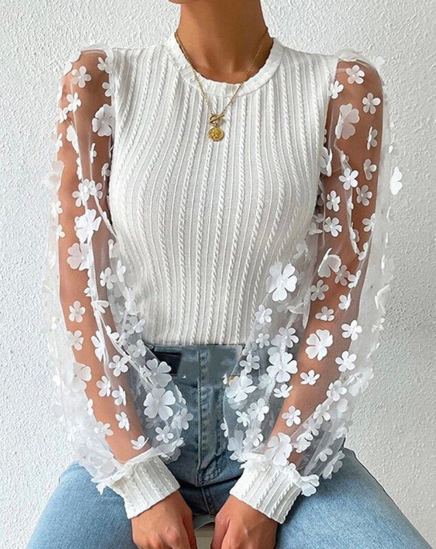 Kobiety seksowne przejrzysta, patchworkowa bluzka z okrągłym dekoltem kwiatowy wzór przezroczysta siateczka kabel teksturowany topowy sweter Slim Fit damski ubrać