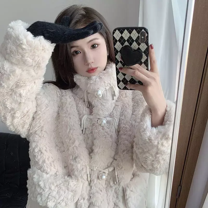 Korean style imitation fur women's lamb fur coat fur integrated stand collar mid-length thickened coat winter 2023 new style