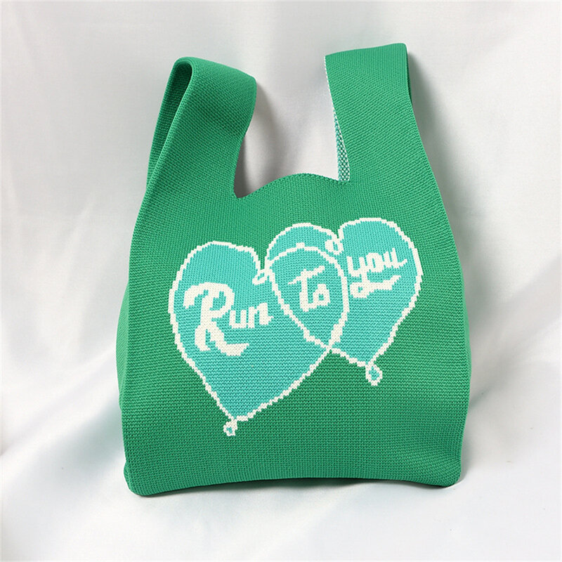 女性のための手作りのニットハンドバッグ,ミニリボン付き,カラフルで愛らしい,学生のためのニットバッグ,再利用可能なショッピングバッグ