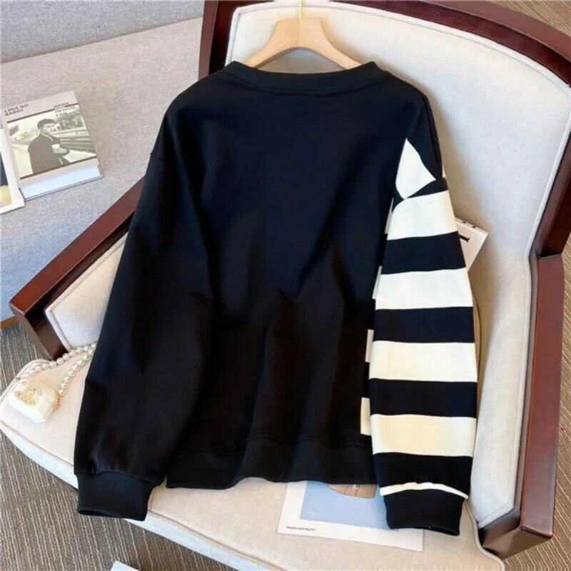 Spring Autumn New Round Neck Long Sleeve Contrast Color Patchwork Pullovers Women Casual Loose Korean Style All-match Y2k Tops