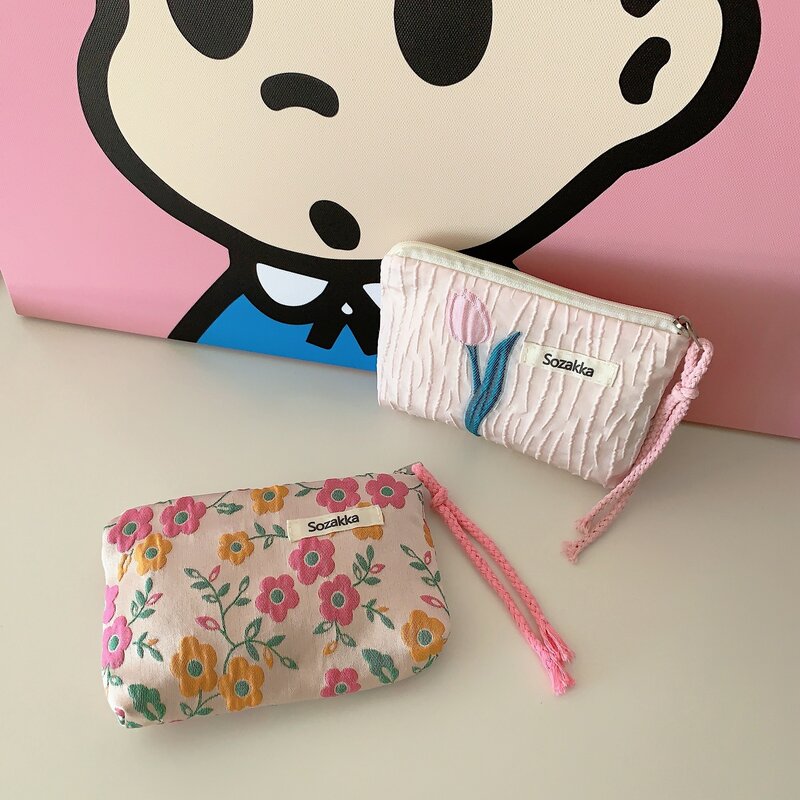 Kawaii Floral Travel Coin Purse Lipstick Cosmetic Small Storage Bag Cute Women Makeup Handbags Wallet Organizer Pouch Card Bags