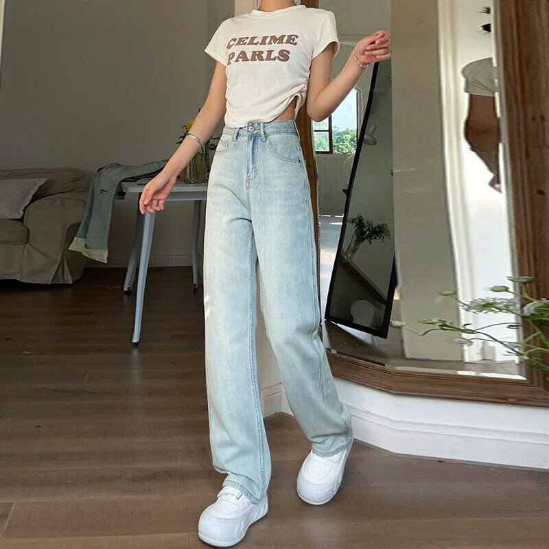 Pink label design new high-waisted small casual wide-leg jeans female loose niche drag straight long pants