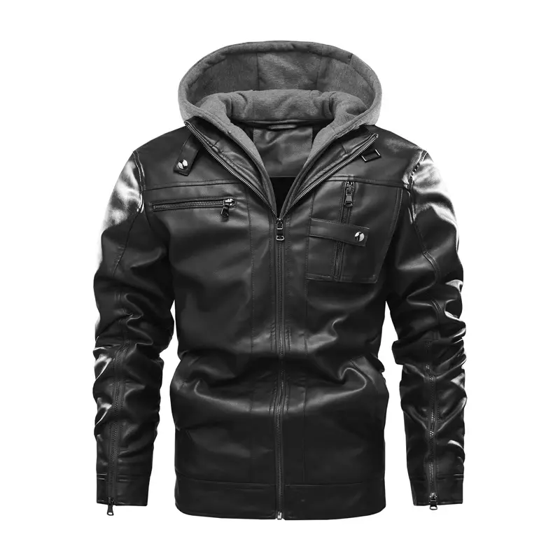 Jaket musim dingin pria, jaket musim dingin kulit PU banyak saku, jaket kulit motor hoodie dapat dilepas ritsleting panjang