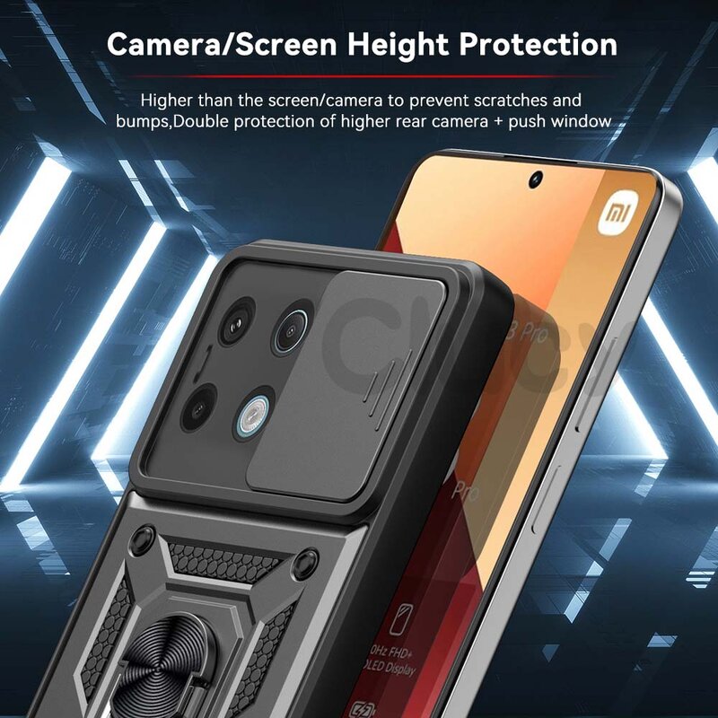 Coque blindée antichoc pour appareil photo, coque de protection magnétique pour voiture, anneau de support, Redmi Note 13 Pro Plus, Redmi 13C 4G 5G