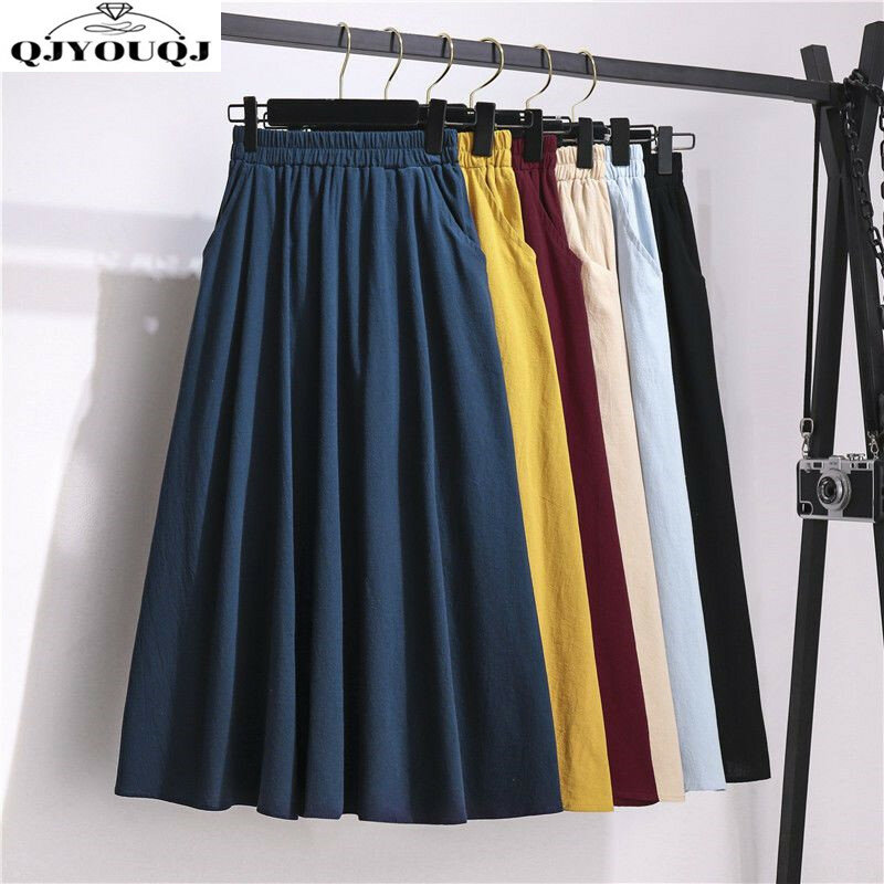 2024 Spring/Summer Mid Length Cotton and Linen Half Skirt Slim A-line Linen Pocket Loose Age Reducing Half Skirt
