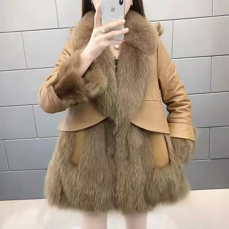 Abrigo de hierba de piel de zorro sintética para mujer, chaqueta de invierno, versión coreana, Cuello medio largo, Color sólido, gruesa, 2023, F358