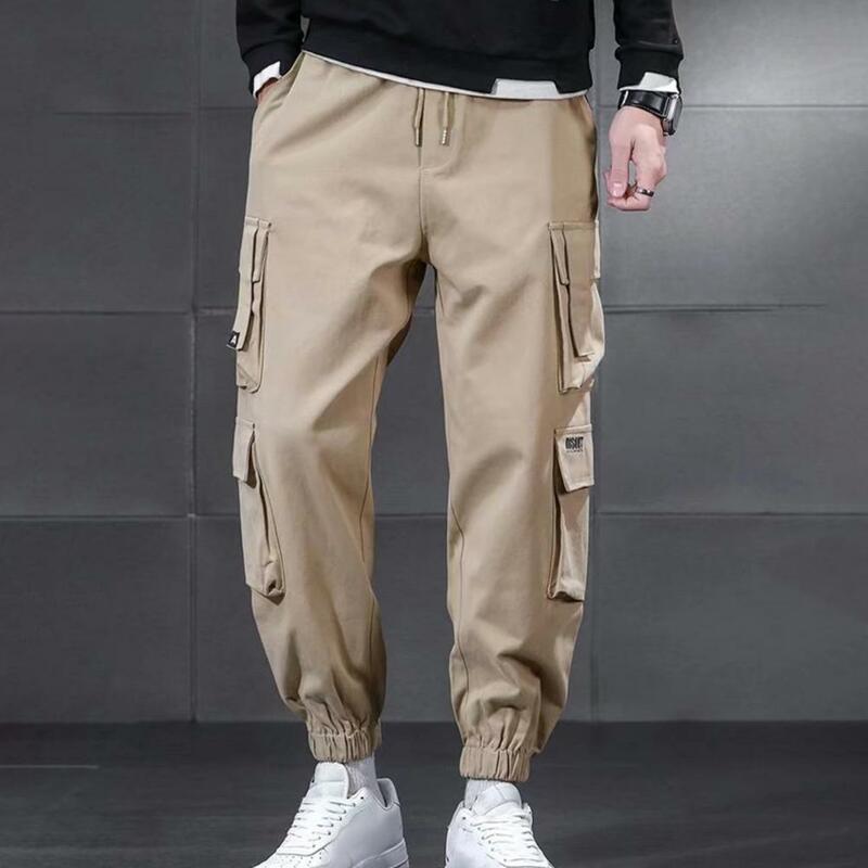 Men Elastic Waist Cargo Pants Men's Cargo Pants with Drawstring Waist Ankle-banded Design Featuring Multiple for Streetwear