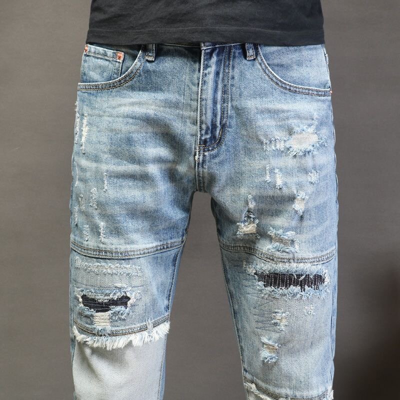 2024 Lente En Herfst Nieuwe Mode Effen Kleur Gaten Slanke Stretch Broek Heren Casual Comfortabele Ademende Hoge Kwaliteit Jeans
