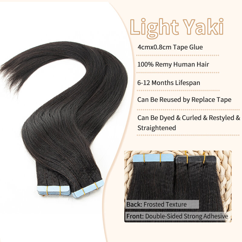 Lekka taśma Yaki prosta w przedłużaniu włosów ludzkich włosów taśma Remy In 12-26 cali 20 sztuk/paczka wiązek naturalne czarne włosy Yaki