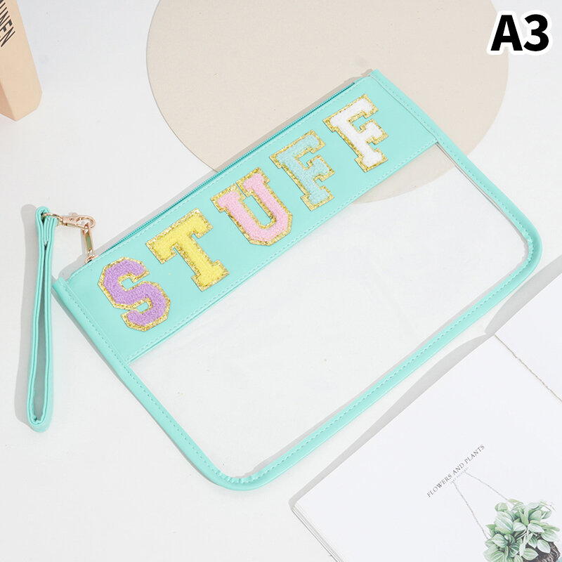 Chenille Letter Clear Zipper Pouch for Travel Waterproof Cosmetic Pouch Clear Snack Bags Nylon Travel Gym Beach Bag Multipurpose