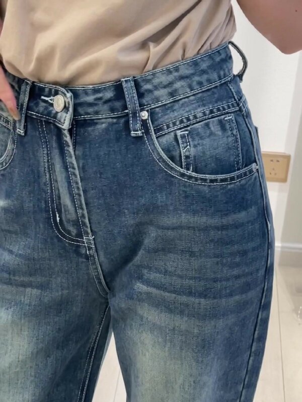 Finewords-Jeans feminino coreano queimado, cintura alta, casual, lavado, solto, fundo de sino, streetwear, azul claro, calça jeans de lazer