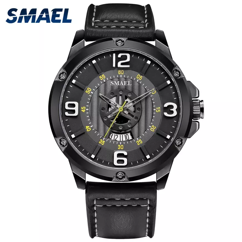 Smael-メンズブラックレザーウォッチ,メンズ腕時計,9115,クォーツ,時計,カレンダー,30m防水