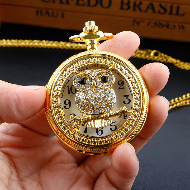 Nuovo lusso oro Vintage gufo quadrante bianco quarzo orologio da tasca collana catena regalo per uomo donna