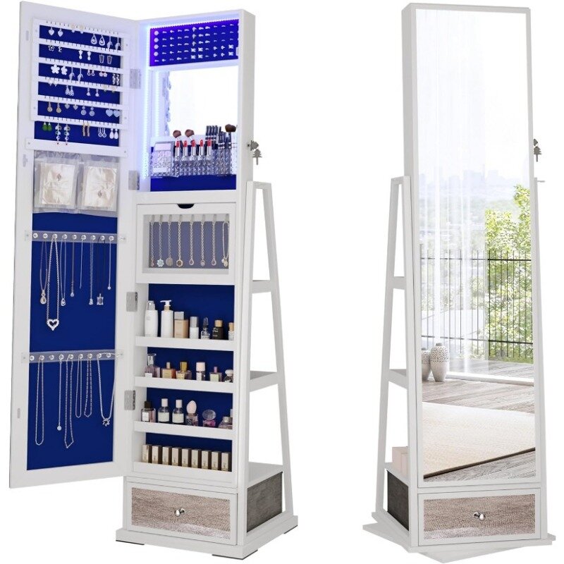 Jewelry Cabinet with LED Light - 360° Swivel Standing Full Length Mirror with Storage, Lockable Jewelry Armoire Organizer
