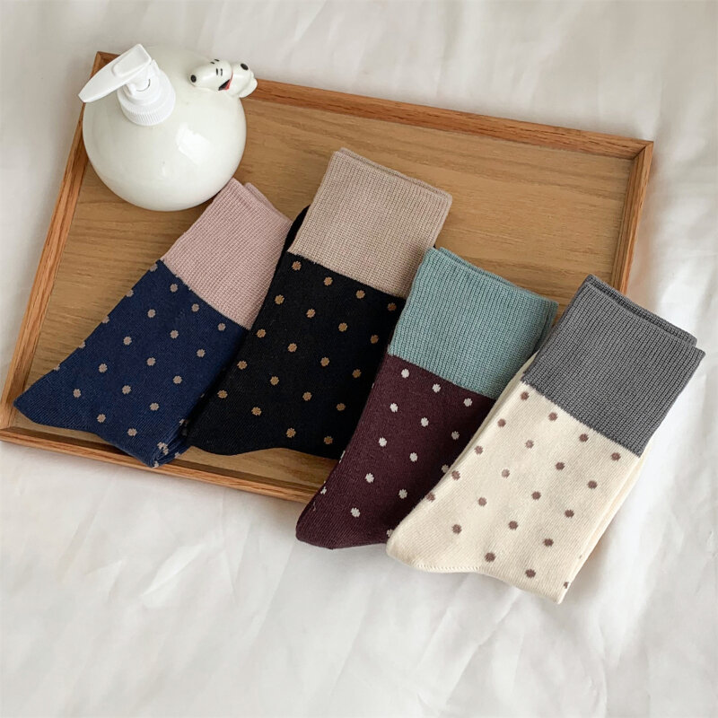 4 Pairs Women Socks Cotton New Mixed-Color Fashion Japanese Style Loose Socks Retro Dots Casual Ladies Crew Socks Absorb Sweat