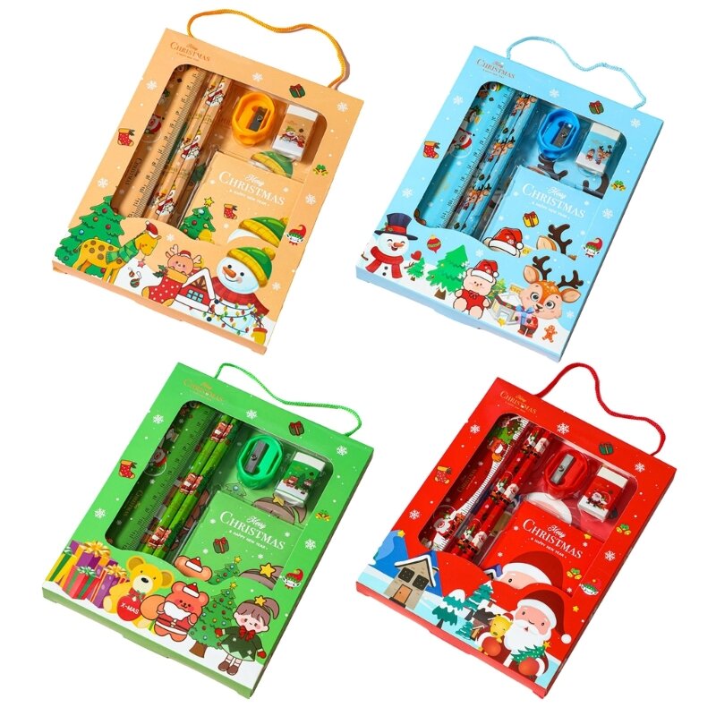 6PCS Christmas Stationery Set Christmas Gift for Kid, Christmas Pencils, Small Notes Pad, Erasers, Rulers, Sharpeners