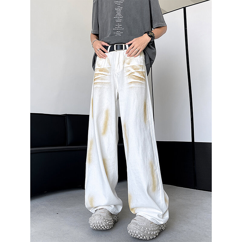 NOYMEI White Make Old Patchwork Jeans Summer New Men High Waist Contrasting Colors Loose Wide Leg Pants Casual All-match WA5391