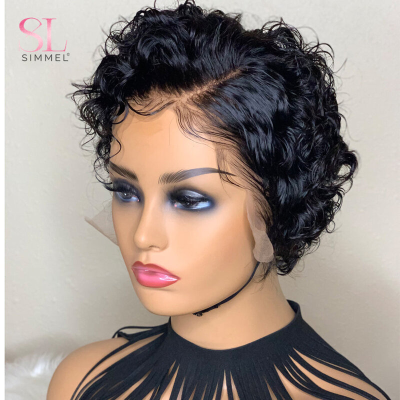 Pixie Cut Wig Short Bob Curly Human Hair Wigs 13X1 Transparent Lace Natural Color Water Wave Human Hair Wigs On Sale Clearance