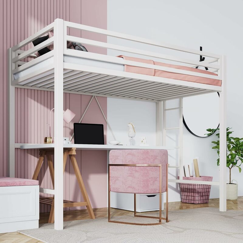 SHA CERLIN Metal Loft Bed Twin Size, Heavy Duty Loft Twin Bed Frame with Full-Length Guardrail & Removable Stairs, Noise-Free,