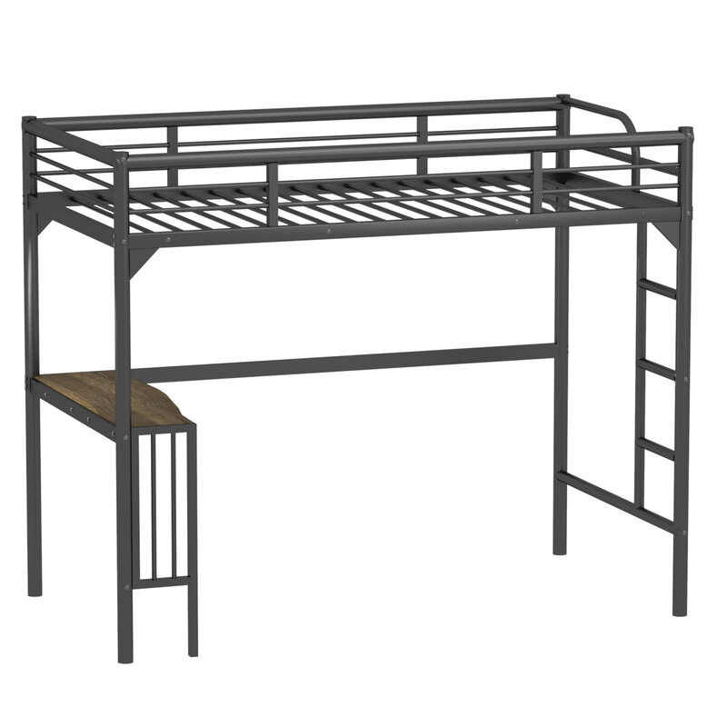 Zwart Twin Metalen Loft Bed Met Stevig Bureau, Handige Ladder En Veilige Vangrails Voor Veiligheid, Modern Boekenontwerp Underneat
