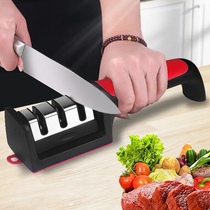 Pengasah pisau dapur 3 segmen, batu pengasah hitam tiga kegunaan, perlengkapan dapur rumah tangga multifungsi