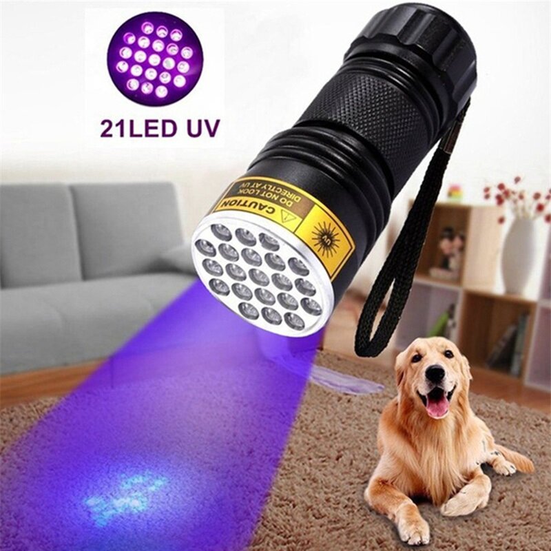 Minilinterna LED ultravioleta para manchas de orina de mascotas, luz negra portátil, 21 LED, 395NM