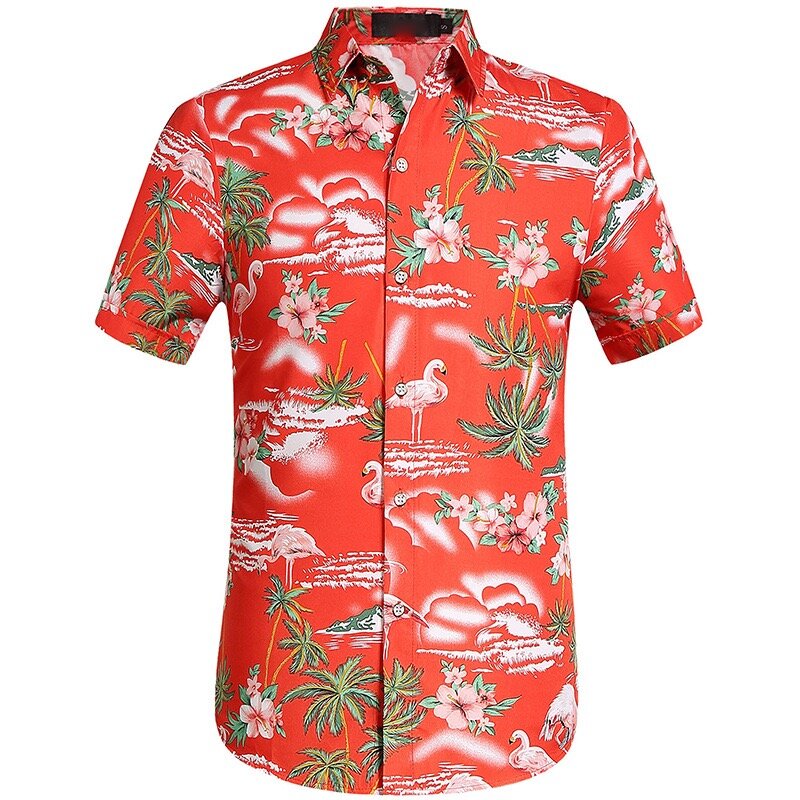 メンズ半袖ハワイアンビーチシャツ,ラージサイズ,フラミンゴ柄,カジュアル,高品質,2024