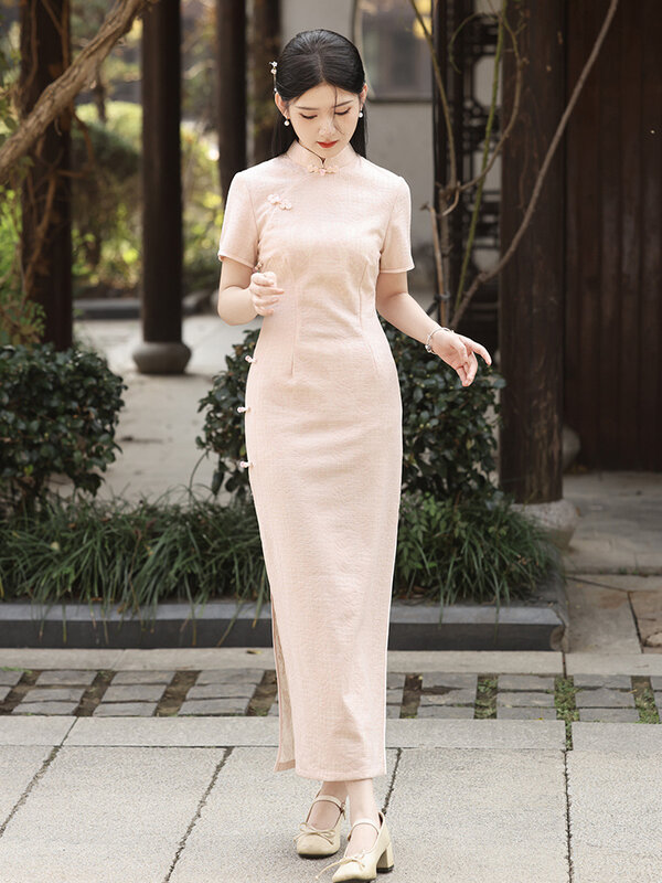 Vestido cheongsams de colarinho mandarim vintage feminino, estampa de flor rosa Qipao, estilo chinês elegante, Qipao vintage longo