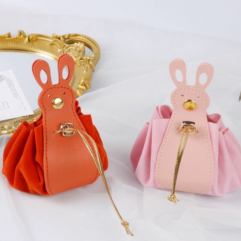 PU Leather Velvet Drawstring Bag Large Capacity Storage Bag Cartoon Rabbit Ear Handbag Wedding Candy Bag New Year