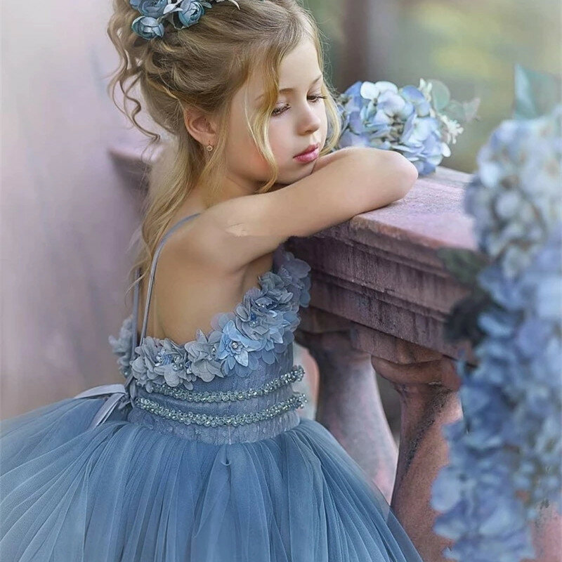 Zakurzone niebieskie sukienki dla dziewczynek kwiatowe dla dzieci suknia ślubna De Mariage suknie widowiskowe z tiulowym pierwsza sukienka komunijna