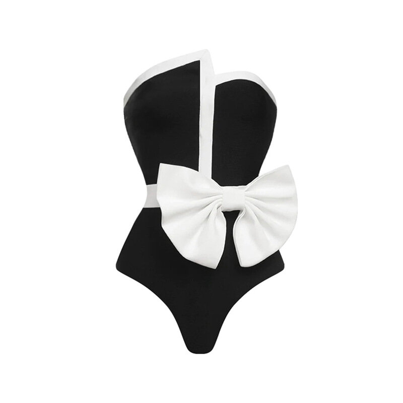 2024 Vintage Strój kąpielowy Czarny Off Shoulder Bow Tie Jednoczęściowy i spódnica Zestaw strojów kąpielowych Kobiety Wakacje Kostiumy kąpielowe Luksusowy kostium kąpielowy