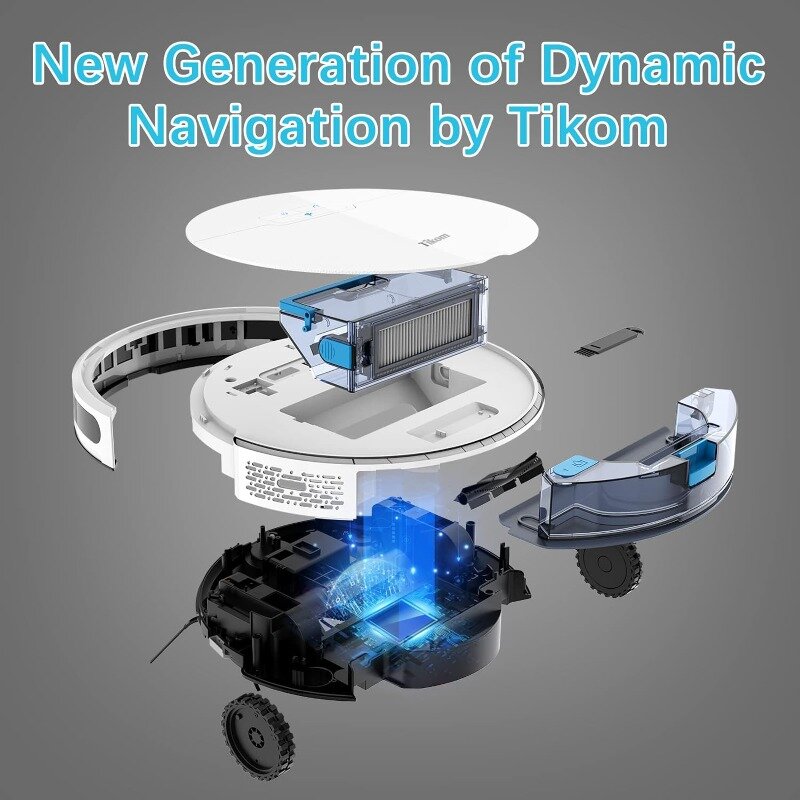 Tikom 로봇 진공 및 걸레, G8000 로봇 진공 청소기, 2700Pa 강력한 흡입, 자체 충전, 단단한 바닥에 적합, 흰색