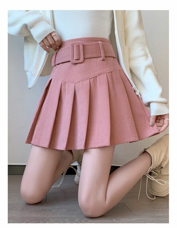 Corduroy Pleated Skirts Women Autumn High Waist All-match Elegant Юбка Женская Preppy Style Retro Solid Folds Design Hot Sale