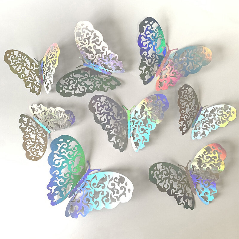 3D中空バタフライウォールステッカー、カラフルなシルバー蝶、手作りのバルーンデコレーション、DIY誕生日フェスティバルパーティー、12個