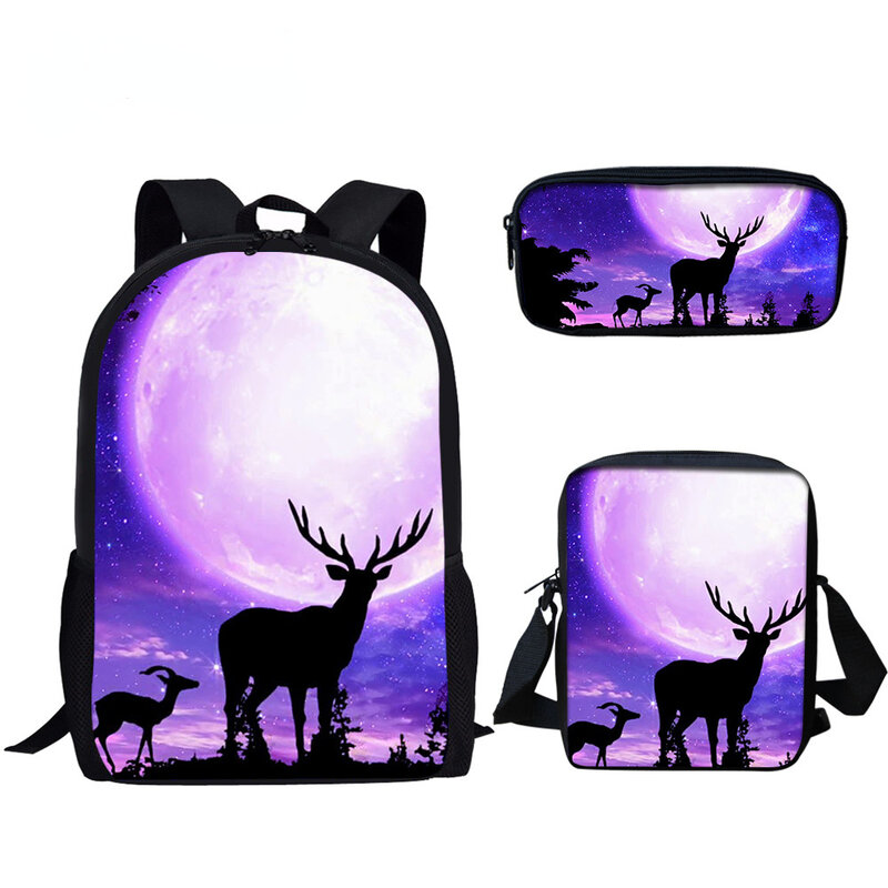 Popular Trendy Fashion Animal Deer 3D Print 3pcs/Set pupil School Bags Laptop Daypack Backpack Inclined shoulder bag Pencil Case