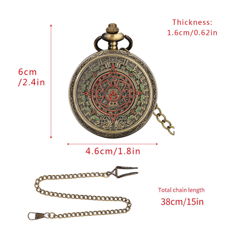 Reloj de bolsillo de cuarzo y bronce con patrón de relieve de cultura, reloj con cadena Fob, Estilo Vintage, calendario azteca Maya