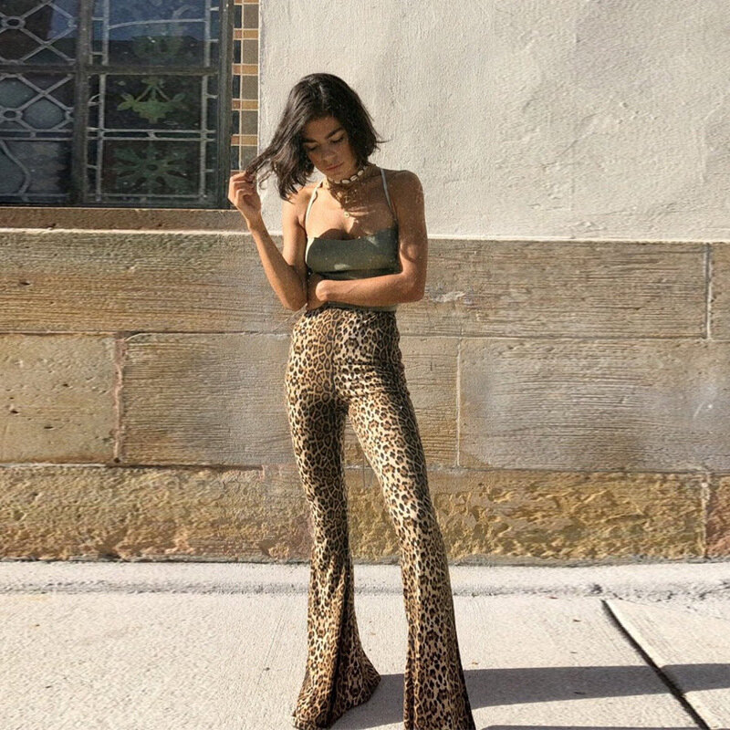Autumn New Elastic High-waisted Leopard-print Bell-bottoms Long Women's Wear