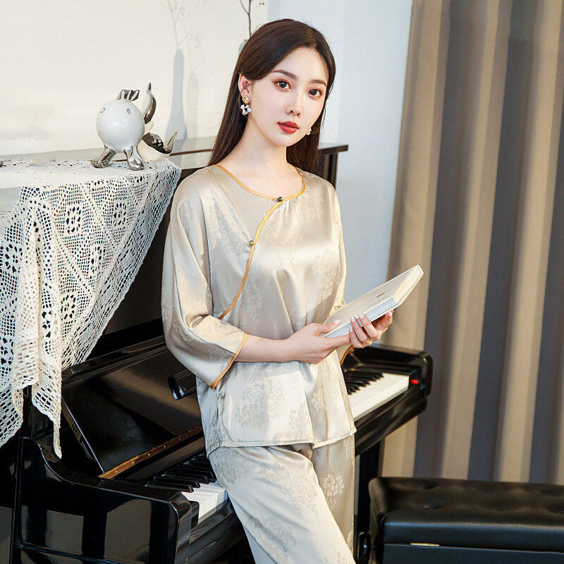 Nowa piżama damska z lodowego jedwabiu Letni zestaw w stylu chińskim z symulowaną satynową osłoną i żakardową odzieżą domową Cienki nadruk Kobieta