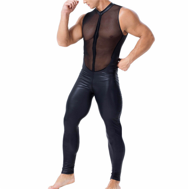 Nam Undershirts Da PU WetLook 1 Leotard Giai Đoạn Dancewear Quần Dài Quần Xem Qua Áo Bodysuits Liền Quần